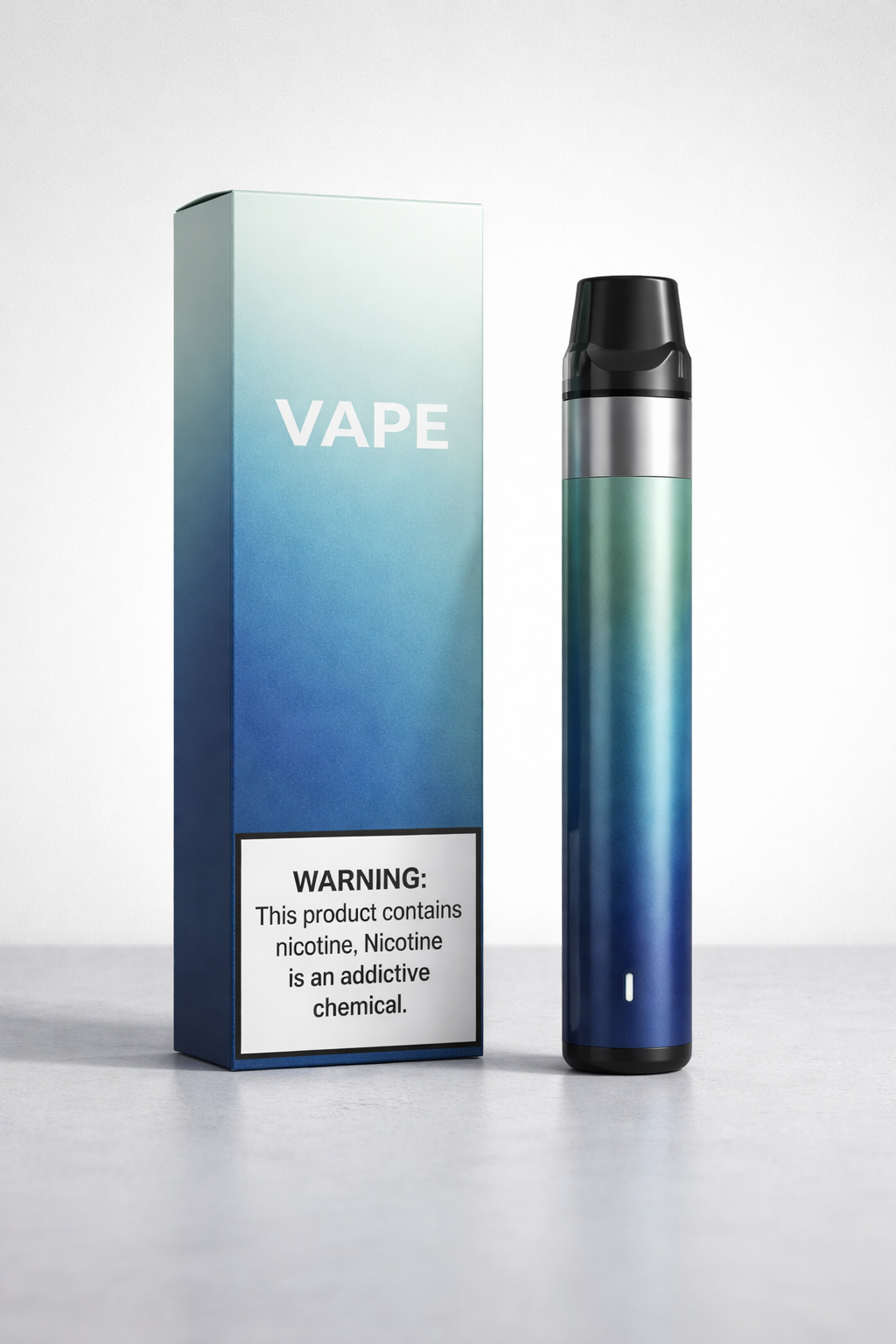 Vape device with packaging on display showing product authentication need